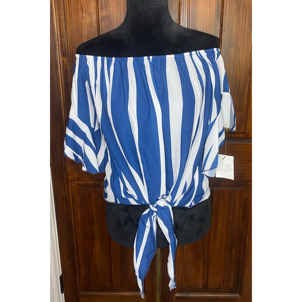 Olivia Concealed Boutique Off The Shoulder, Blue &White Stripe Blouse, Size M